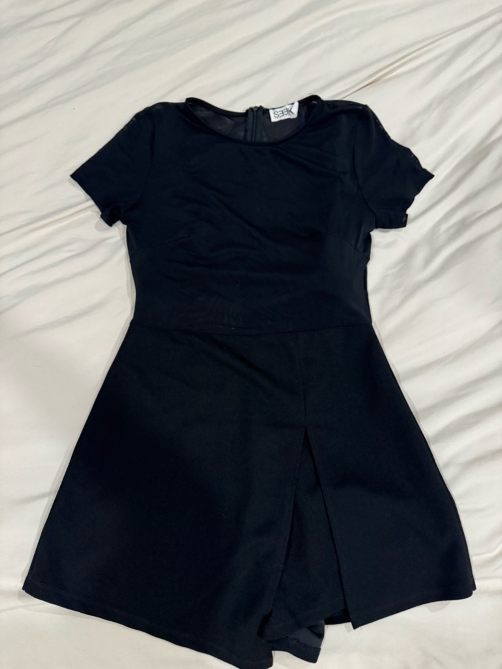 Black Short Sleeve Skater Dress with Front Slit